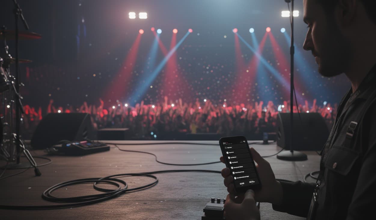 Crew member using Setflow.live on their phone during a live show